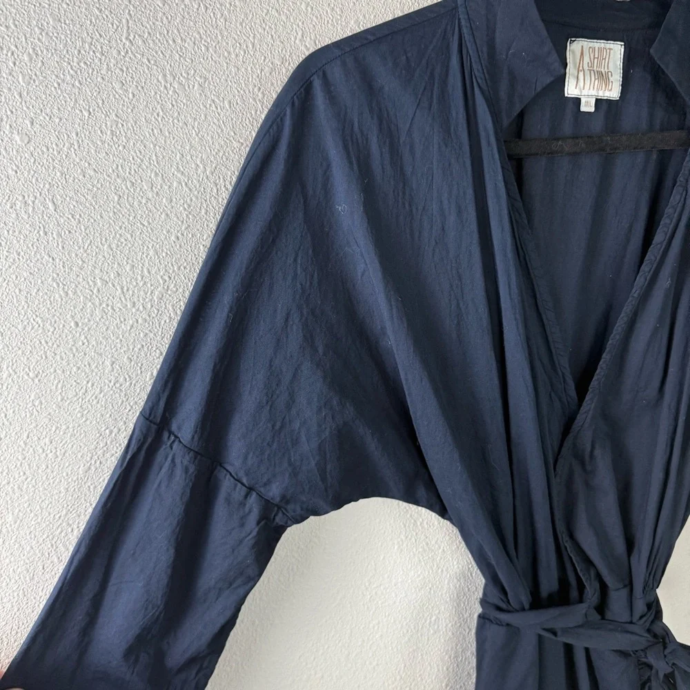 A Shirt Thing Navy Blue Wrap Midi Dress Cotton Casual Boho Minimalist Women M/L - Picture 5 of 15